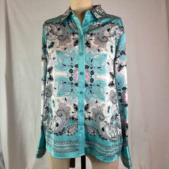 Rachel Zoe Tops - Rachel Zoe Satin Blouse Long-Sleeve Button-Down Paisley Print